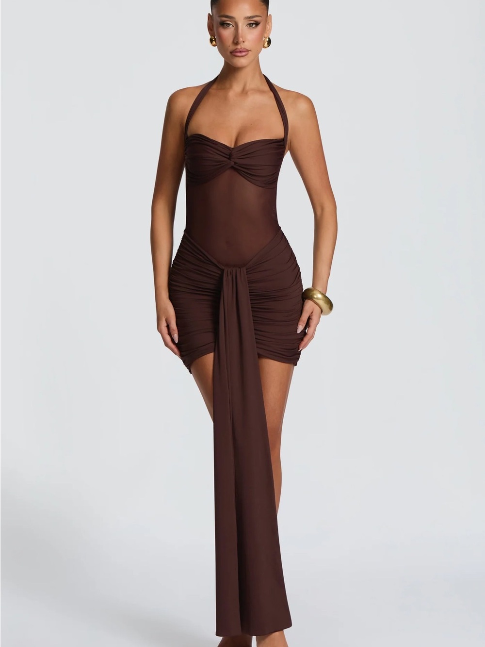 BabyBoo Brown Halter Ruched Mini Dress with Drape